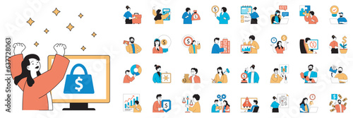 Business concept with character situations mega set. Bundle of scenes people invest money, create strategy, plan tasks, analyze data, earn profit and other. Vector illustrations in flat web design