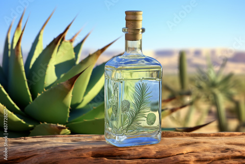 close up of bottle of Sotol Mexican alcohol with Dasylirion wheeleri plant in background photo