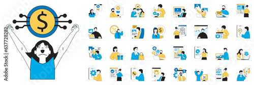 Digital business concept with character situations mega set. Bundle of scenes people developing e-business and e-commerce, creating digital content and other. Vector illustrations in flat web design