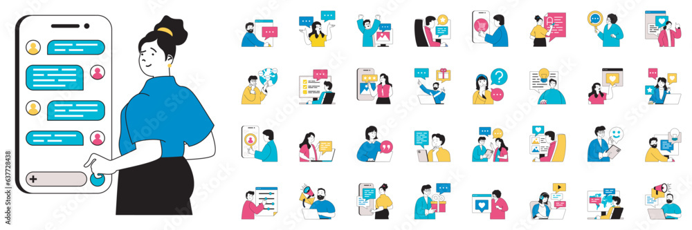 Social media concept with character situations mega set. Bundle of scenes people connecting online, sending messages, posts new photos, search info and other. Vector illustrations in flat web design Social media concept with character situations mega set. Bundle of scenes people connecting online, sending messages, posts new photos, search info and other. Vector illustrations in flat web design