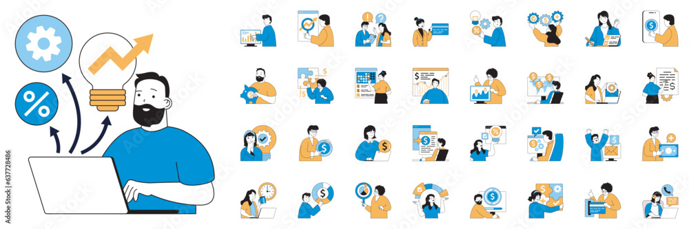 Business and finance concept with character situations mega set. Bundle of scenes people analyzing data, discussing strategy, get financial growth and other. Vector illustrations in flat web design