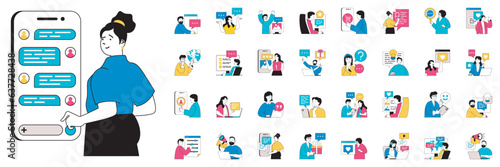 Social media concept with character situations mega set. Bundle of scenes people connecting online, sending messages, posts new photos, search info and other. Vector illustrations in flat web design