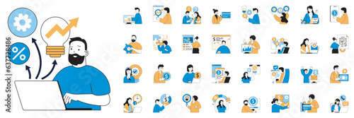 Business and finance concept with character situations mega set. Bundle of scenes people analyzing data, discussing strategy, get financial growth and other. Vector illustrations in flat web design