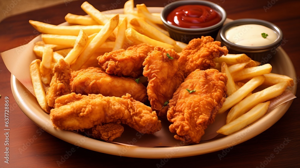 Delicious fast food dish with crispy chicken fingers, freshly fried French fries, and flavorful sauces Delicious fast food dish with crispy chicken fingers, freshly fried French fries, and flavorful sauces