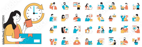 Delivery concept with character situations mega set. Bundle of scenes people wait parcels delivering, send letters, courier shipping, transportation and other. Vector illustrations in flat web design