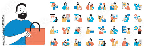 Shopping concept with character situations mega set. Bundle of scenes people making purchases, ordering goods online, buying in store or supermarket and other. Vector illustrations in flat web design