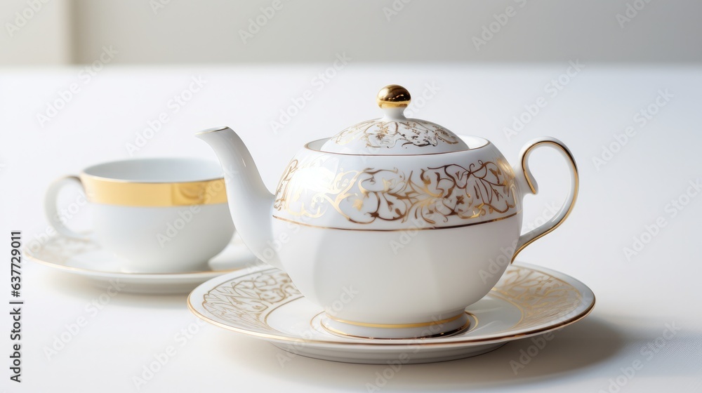A refined porcelain teapot and cup, their intricate patterns catching the light, are gracefully positioned on a flawless white surface, hinting at a moment of tranquility. A refined porcelain teapot and cup, their intricate patterns catching the light, are gracefully positioned on a flawless white surface, hinting at a moment of tranquility.