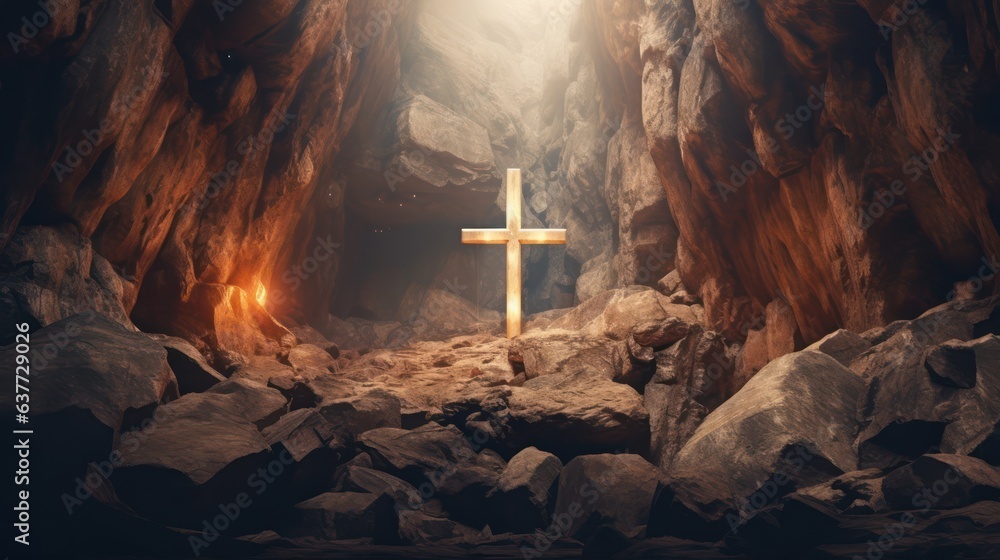 Wooden Christian cross shining light  from the view of dark cave 