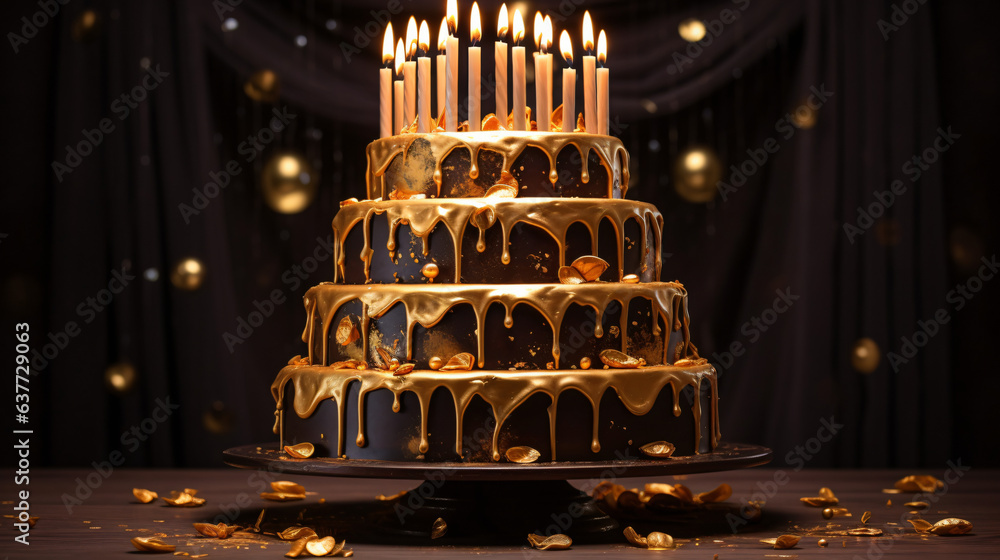 Obraz na płótnie Tiered birthday cake with golden candles w salonie