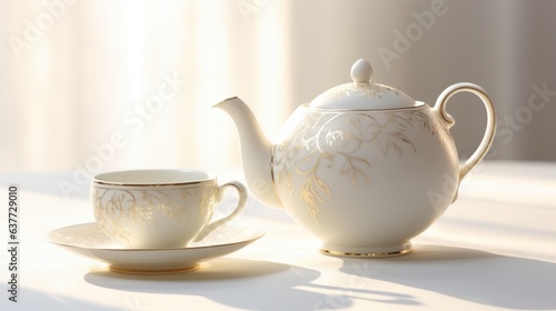 A refined porcelain teapot and cup, their intricate patterns catching the light, are gracefully positioned on a flawless white surface, hinting at a moment of tranquility.