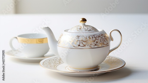 A refined porcelain teapot and cup, their intricate patterns catching the light, are gracefully positioned on a flawless white surface, hinting at a moment of tranquility.