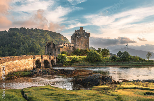 A closed up view of the Eilean Donan Castle in the sunset hours