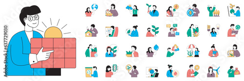 Ecology concept with character situations mega set. Bundle of scenes people saving planet, supporting plants nature and resource, reuse and recycle and other. Vector illustrations in flat web design
