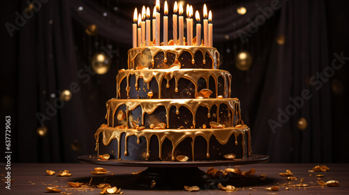Tiered birthday cake with golden candles
