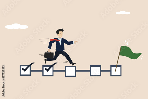 Project management, work progress or completed task tracking, productivity concept, businessman project manager running on completed checkboxes to achieve goals.