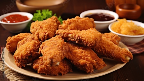 fried chicken with French fried and source 
