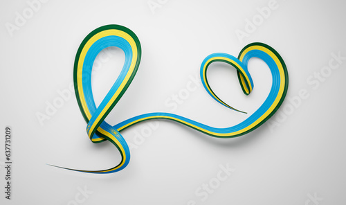 3d Flag Of Rwanda Heart Shaped Shiny Wavy Awareness Ribbon flag On White Background 3d illustration