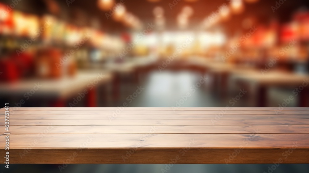 Empty wooden table on supermarket background - minimalist concept