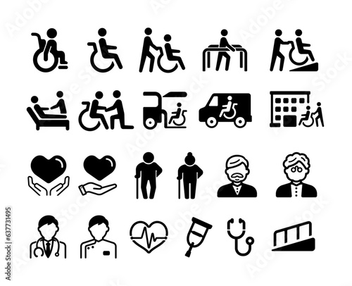 Vector icon illustrations set related to welfare for the elderly, people with disabilities etc.