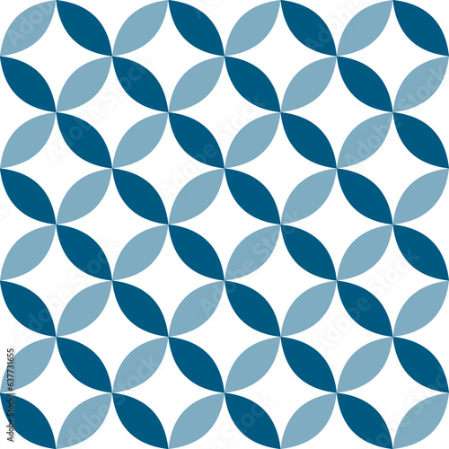 Blue Seamless geometric pattern of circles on white background. Simple geo pattern. Clothing fabric print. Seamless trellis background