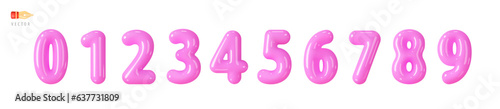 Pink numbers from 0 to 9. Collection of volumetric inflatable balloon figurines. Set of bright cartoon spherical figures, isolated on white background. Realistic 3d design. 3D Vector