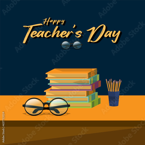 Happy Teacher s Day. Stack of books with glasses on blackboard background.