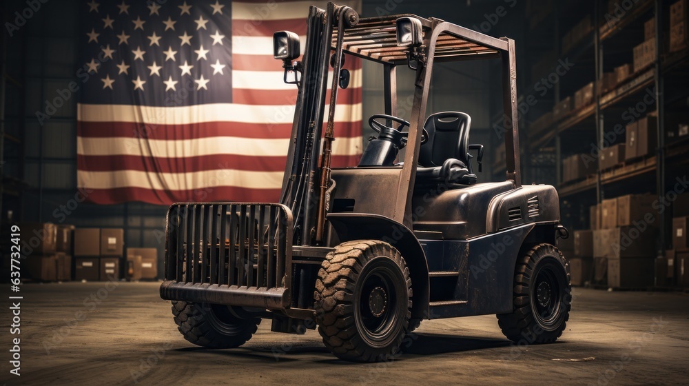USA flag attached to a forklift against. AI generated