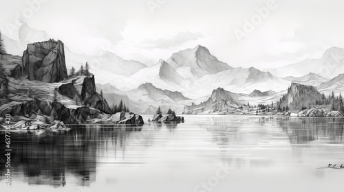 Captivating sketch of giant keels on rock walls amid lakes and Islands - high contrast detailed artwork