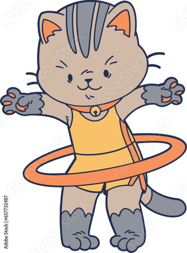 Cat playing hulahoop cartoon character, mascot illustration