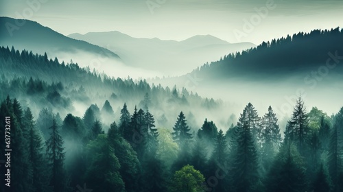 Misty Green Mountain Forest Landscape  Enchanting Foggy Woods Scenery