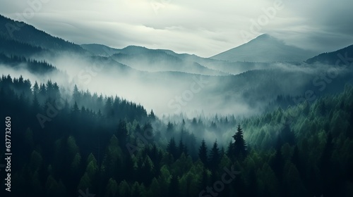 Misty Fantasy Forest Landscape: Enchanting Green Mountain Scenery