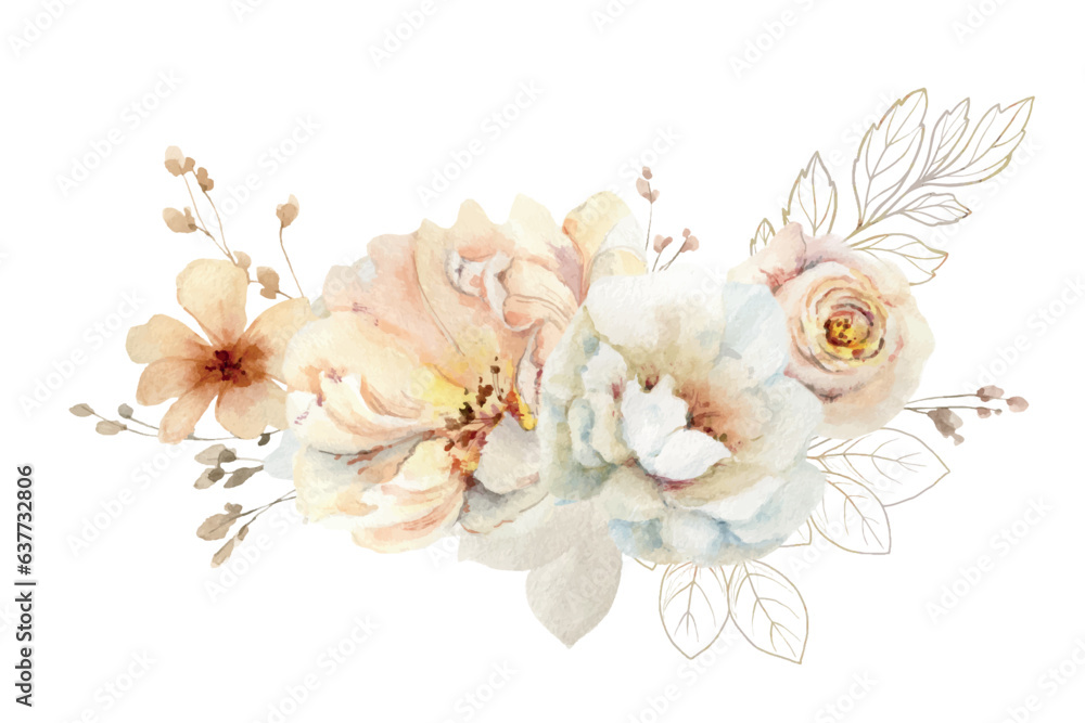 Watercolor vector wreath with flowers and leaves isolated on a white ...
