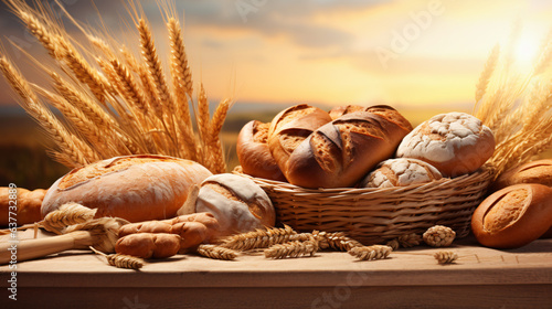 Various bread in the basket on wooden table