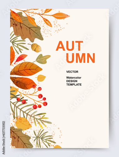 Autumn, Fall trendy background with beautiful leaves. Abstract vector template poster, invitation, card, flyer, cover, banner, placard, brochure, social media, sale, advertising