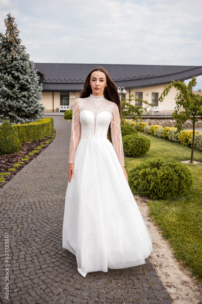 Fashion young bride in stylish wedding dress outdoor Fashion young bride in stylish wedding dress outdoor