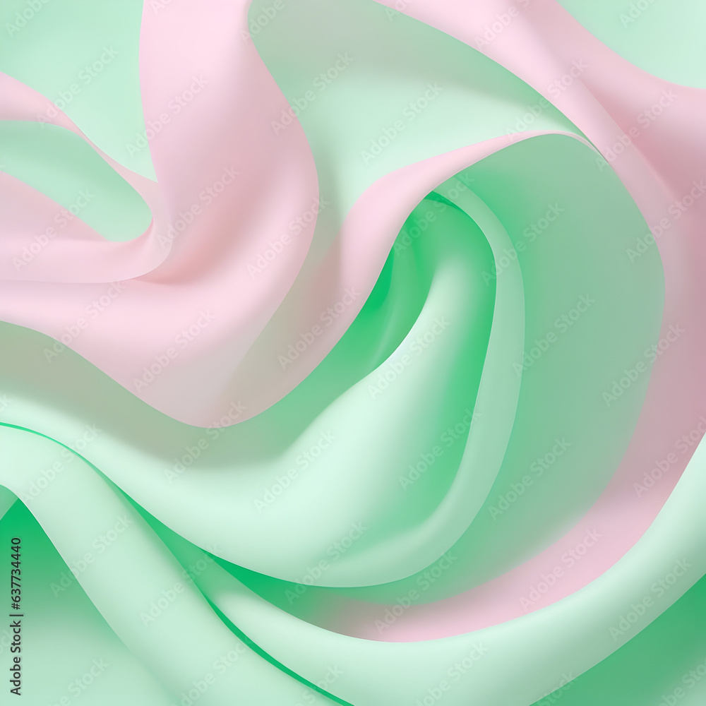 Fototapeta premium Pastel green and pink abstract background. Silk satin crumbled. Soft fabric backdrop. Template for showcase product. Halloween colour theme. Generative ai art
