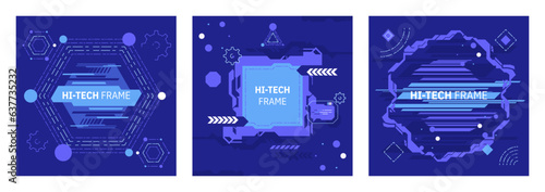 Futuristic hi-tech badge, frame or border. Futuristic HUD. Modern technology banner in cyberpunk style. Abstract sci-fi text box with glitch effect. Vector illustration