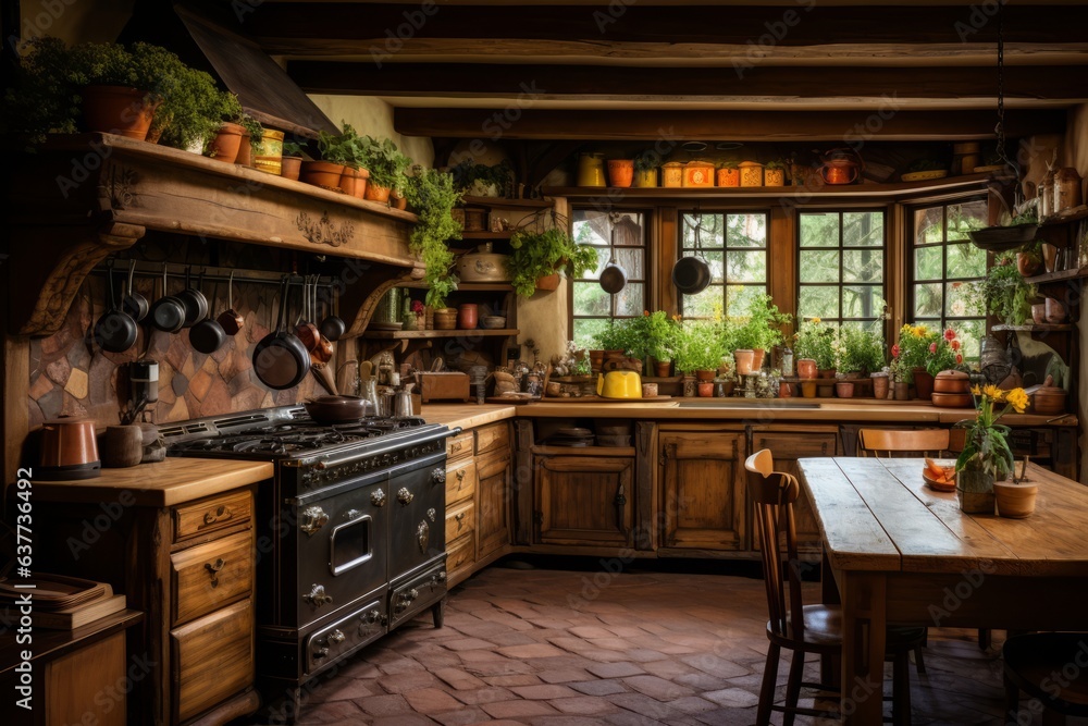 Cozy Farmhouse Kitchen With Wooden Beams, Generative AI 