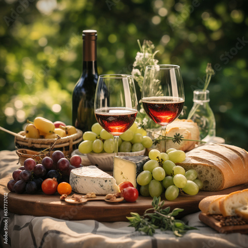 still life with wine cheese and fruits