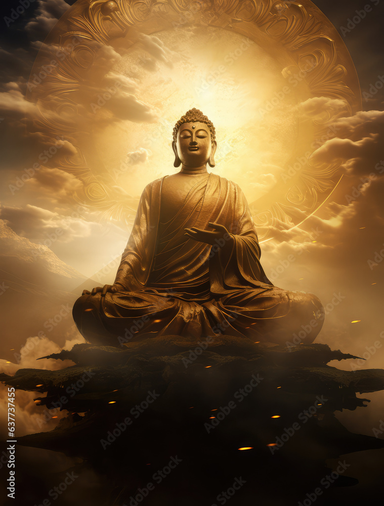 glowing buddha statue and lotuses, generative AI