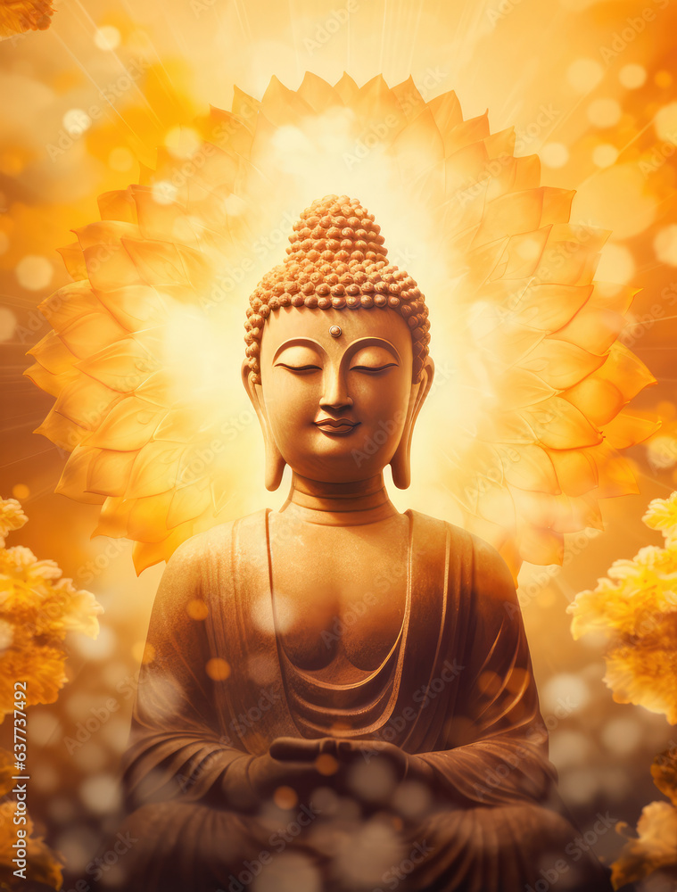 glowing buddha statue and lotuses, generative AI - obrazy, fototapety, plakaty 