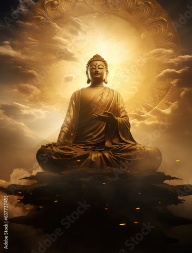 glowing buddha statue and lotuses  generative AI
