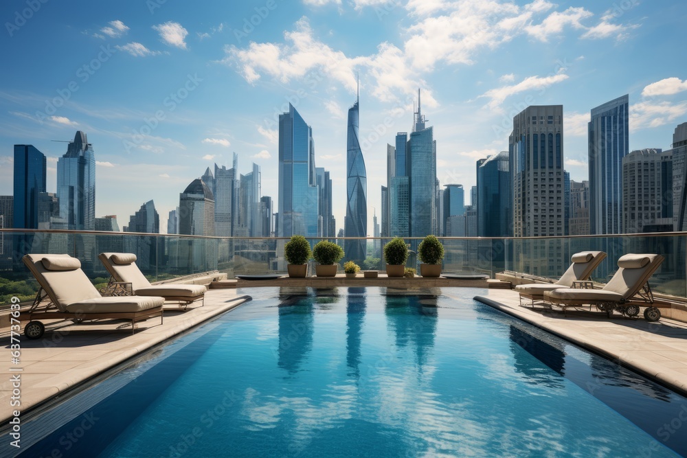 Fototapeta premium Lavish Rooftop Pool With Stylish Lounge Area, Generative AI