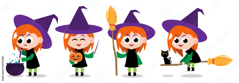 Set of cute Witch . Halloween cartoon characters . Vector. Set of cute Witch . Halloween cartoon characters . Vector.