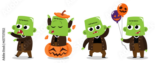 Set of cute Frankenstein . Halloween cartoon characters . Vector.