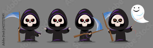 Set of cute Grim reaper . Halloween cartoon characters . Vector.