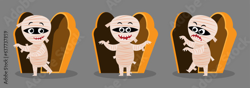 Set of cute Mummy and coffin . Halloween cartoon characters . Vector.