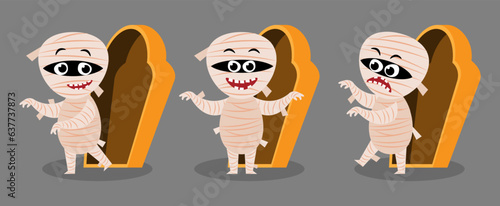 Set of cute Mummy and coffin . Halloween cartoon characters . Vector.