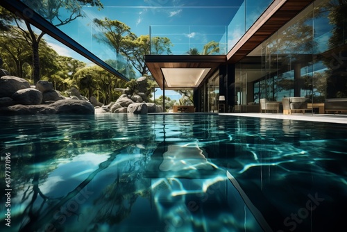 Modern Villas Sleek Pool With Glass Wall  Generative AI 