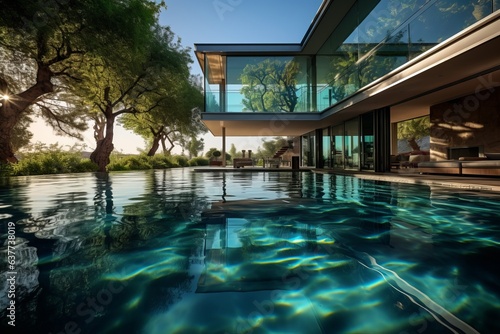 Modern Villas Sleek Pool With Glass Wall  Generative AI